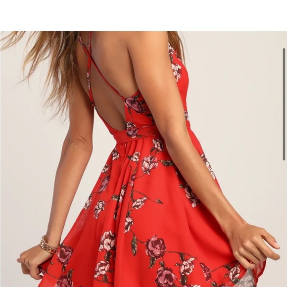 Lulus Let Our Love Bloom Red Floral Print Surplice Mini Dress - Picture 2 of 5